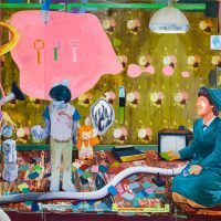 "Kugelmogel gleich drei" (2020) 220 x 390 cm / Öl / Ölkreide auf Leinwand